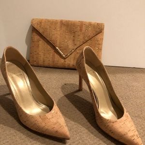 Stuart Weitzman Cork Heels and a cork clutch handbag to match!